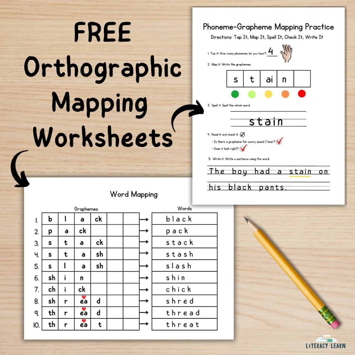 Graphic showing 2 phoneme-grapheme worksheets with title "Free orthographic mapping worksheets."