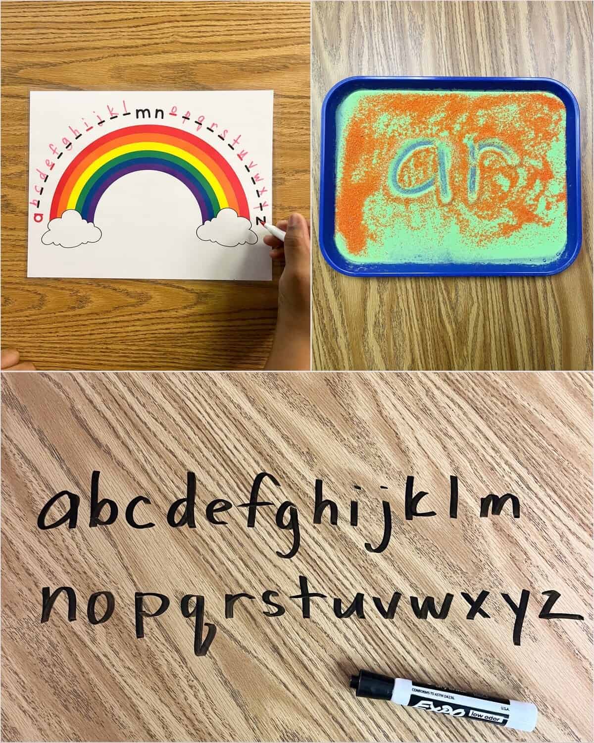 Collage of photos with students writing letters using desk writing, an alphabet arc, and sand.