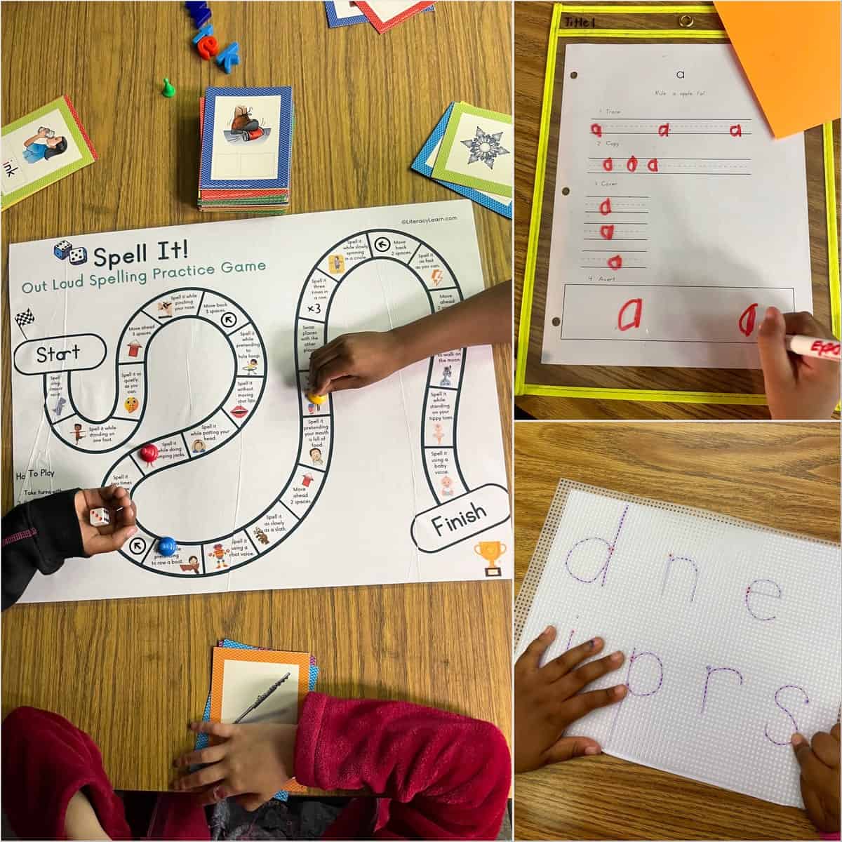 Collage of spelling practice activities, including a board game and worksheets.