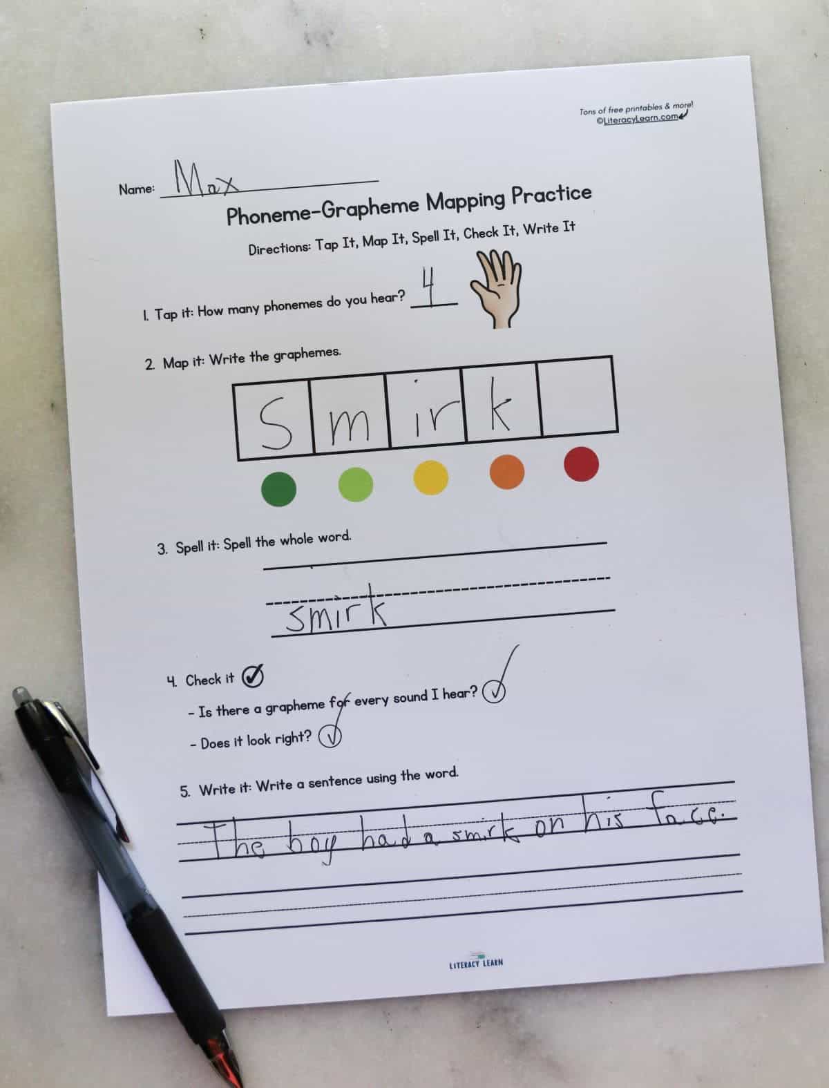 Photo of free worksheet for orthographic mapping and phoneme-grapheme mapping practice.