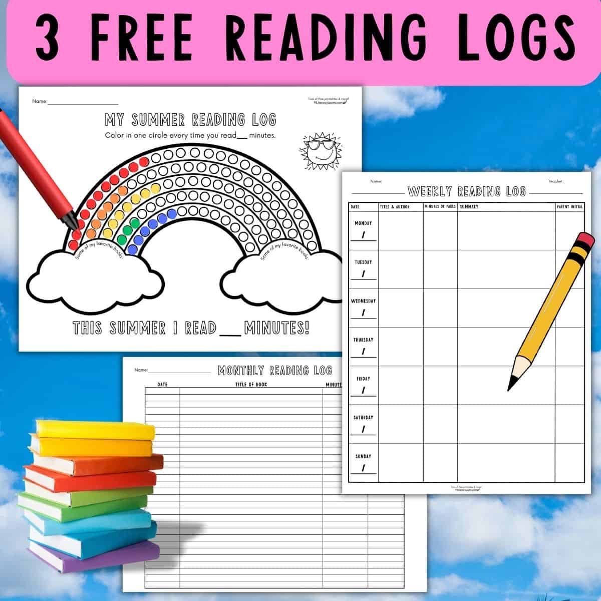 Graphic with three different free printable reading logs on a colorful background. 