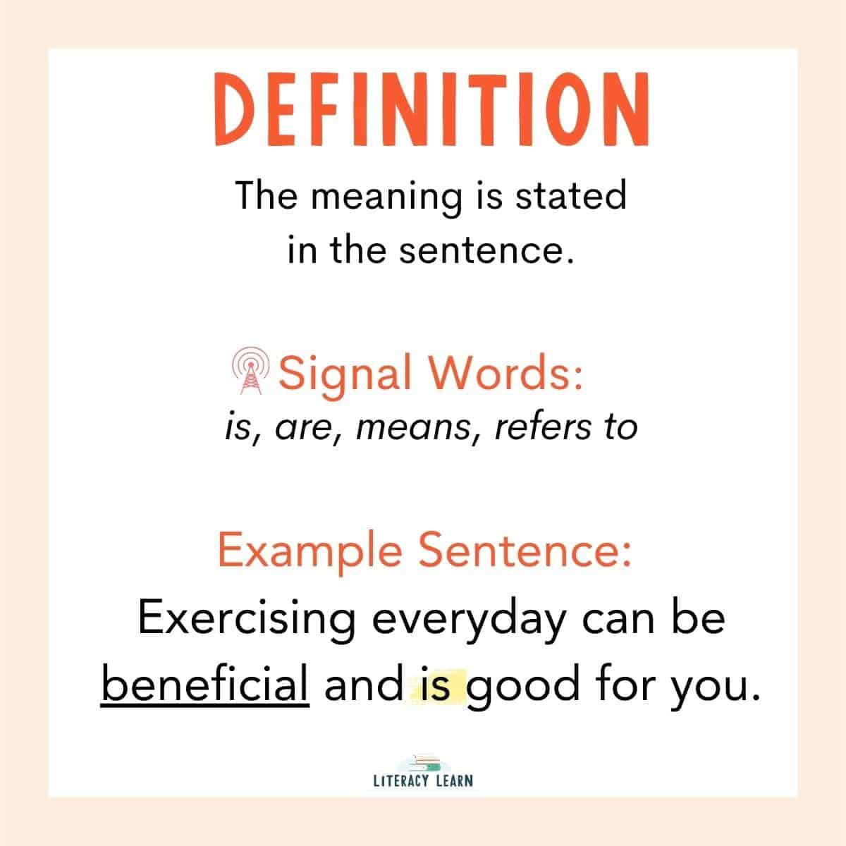 Peach-colored visual of a definition context clue with the meaning, signal words, and example.
