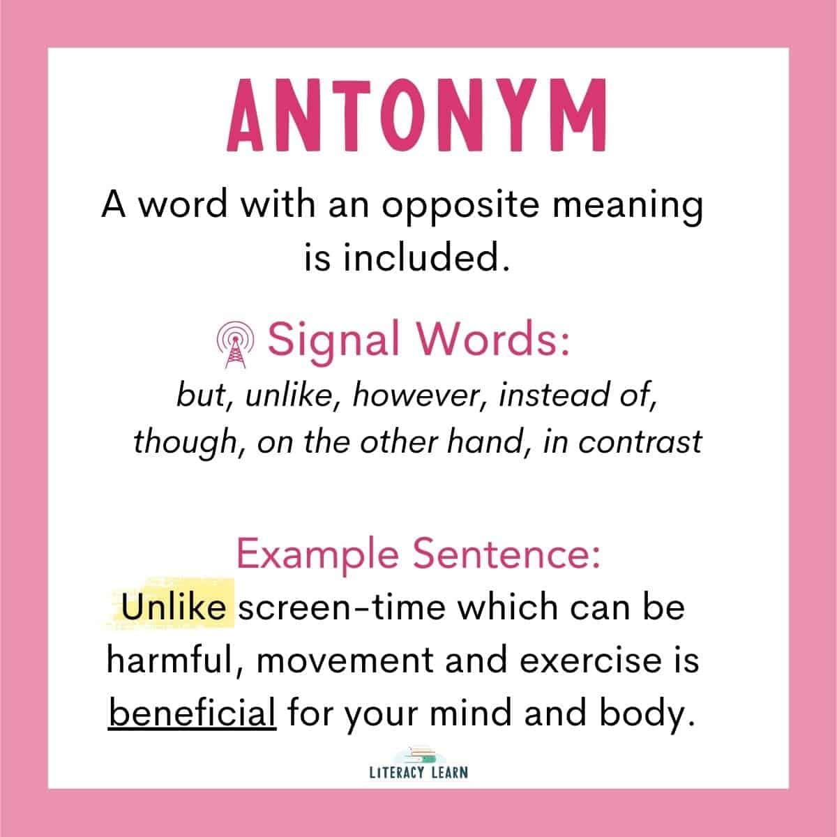 Rose-colored visual of an antonym context clue with the meaning, signal words, and example.