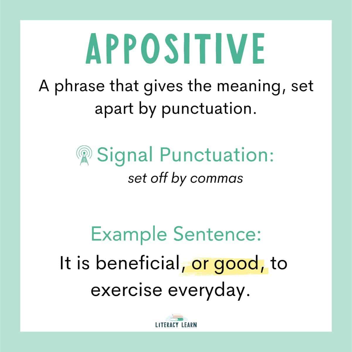 Teal visual of an appositive context clue with the meaning, signal words, and example.