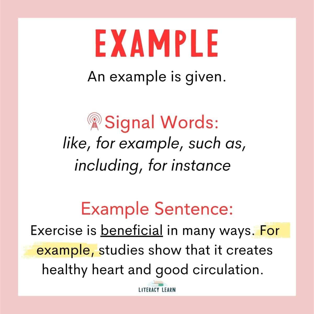 Pink visual of an example context clue with the meaning, signal words, and example.