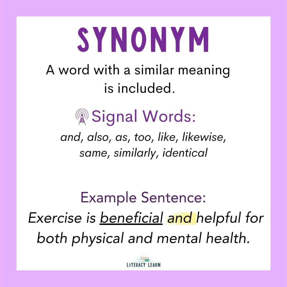Purple visual of a synonym context clue with the meaning, signal words, and example.
