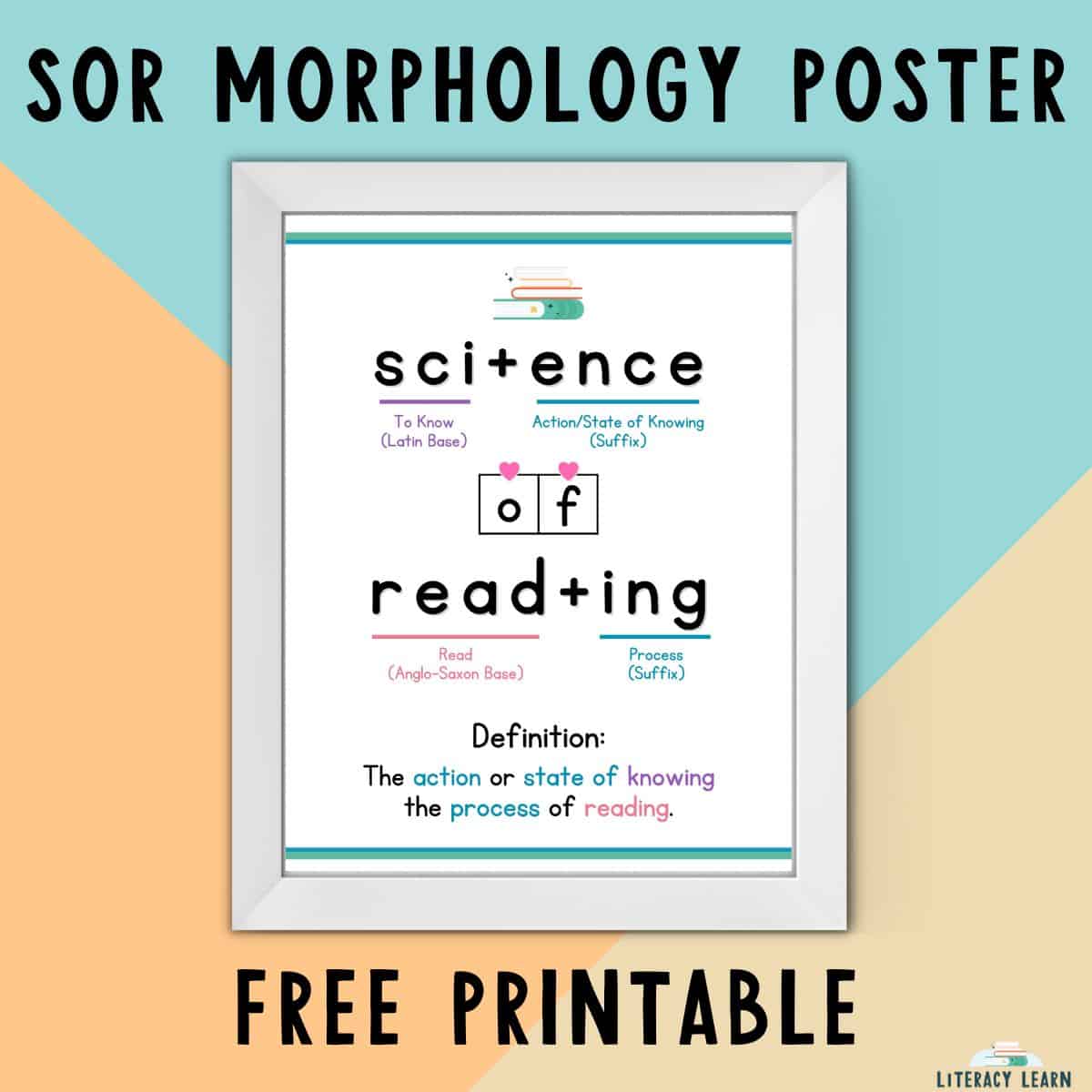 Framed Science of Reading morphology poster on blue and peach background with words "free printable." 