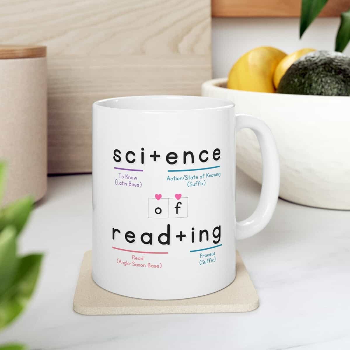 A white mug with the Science of Reading morphology analysis on it.