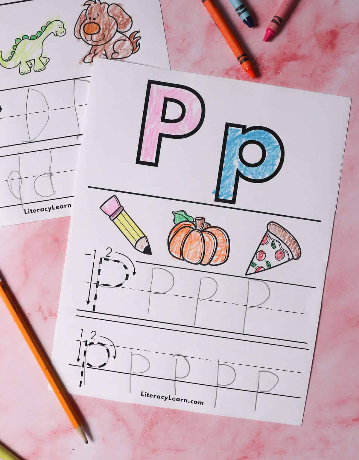 The printed and completed letter P worksheet from the Alphabet Booklet.