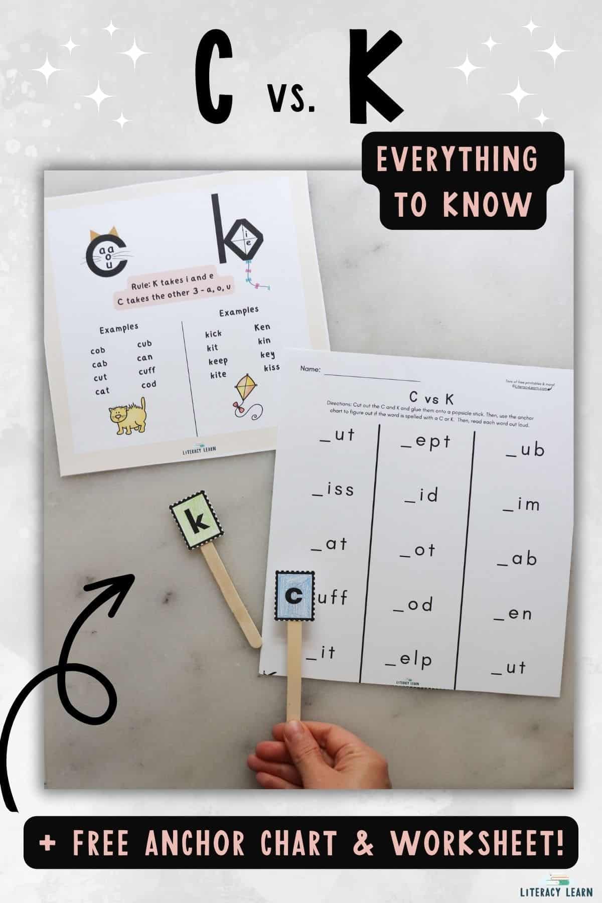 Graphic titled "C vs K" with a photograph of student's hand with Anchor Chart and Worksheet.
