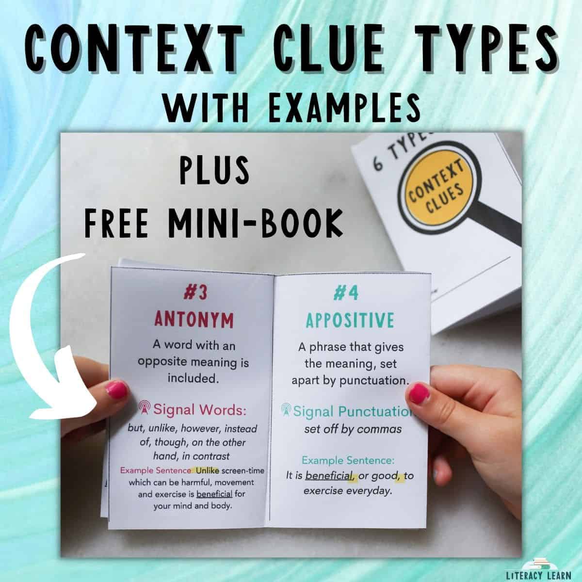 Blue background with photo of context clue minibook and words "Context Clue Types with Examples"