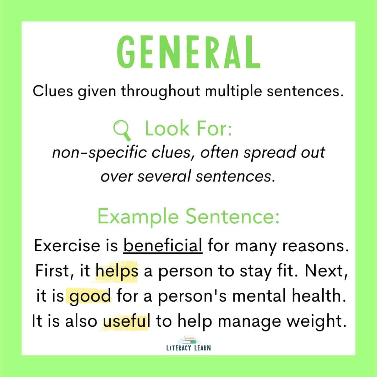 Green visual of a general context clue with the meaning, signal words, and example.