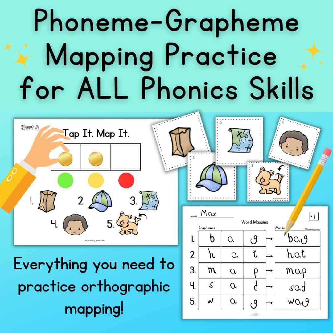 Blue background displaying phoneme-grapheme worksheets, a pencil, a hand pushing up coins.