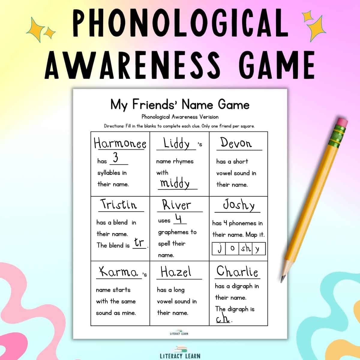 Multicolored background with title "Phonological Awareness Game" and picture of the worksheet with pencil.