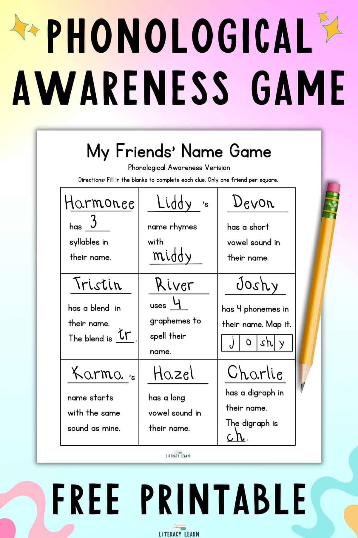 Multicolored background with title "Phonological Awareness Game Free Printable" and picture of the worksheet with pencil.