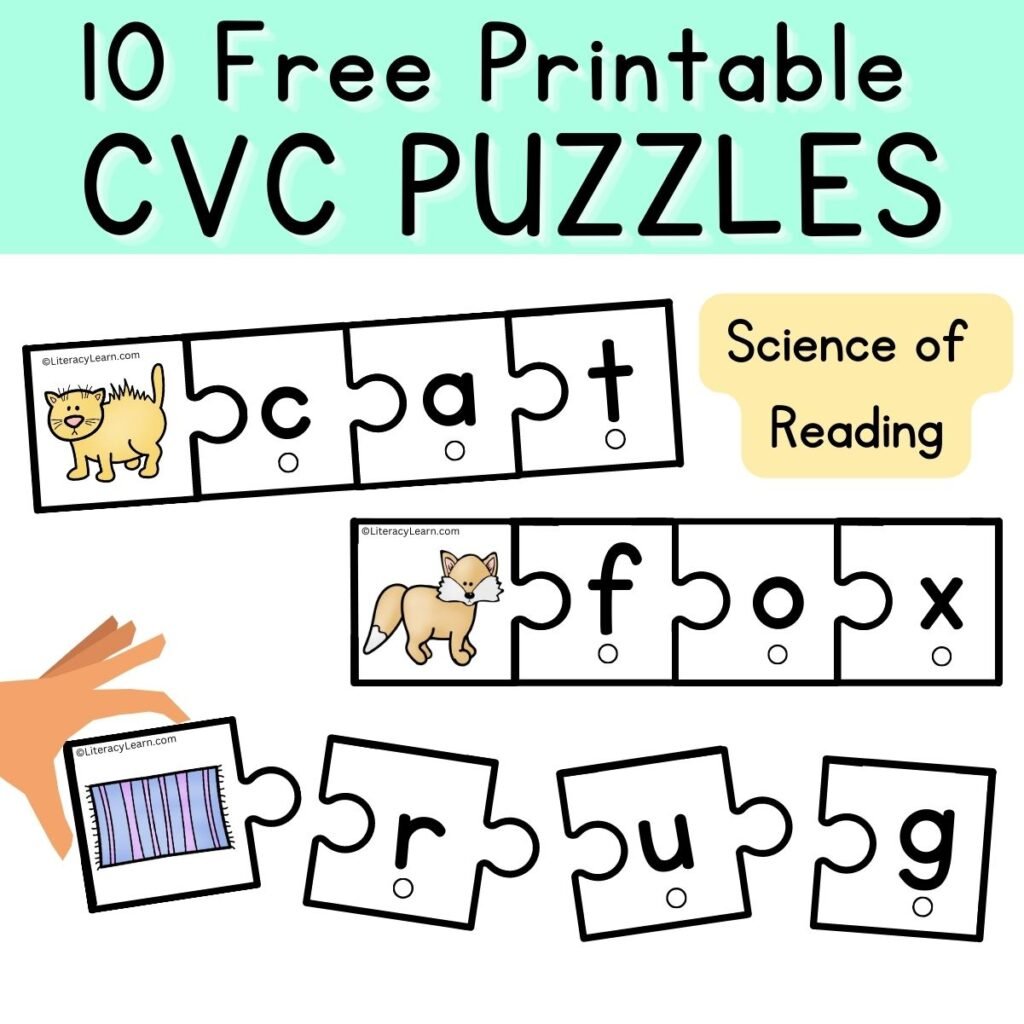 Graphic with 10 Free Printable CVC word puzzles with colorful pictures.