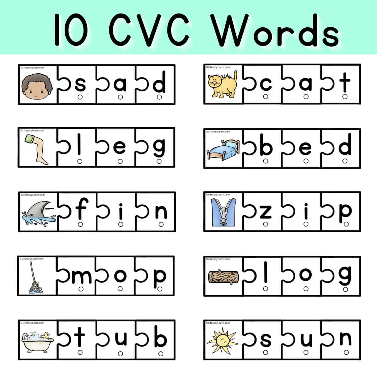 All 10 CVC Word puzzles with pictures.