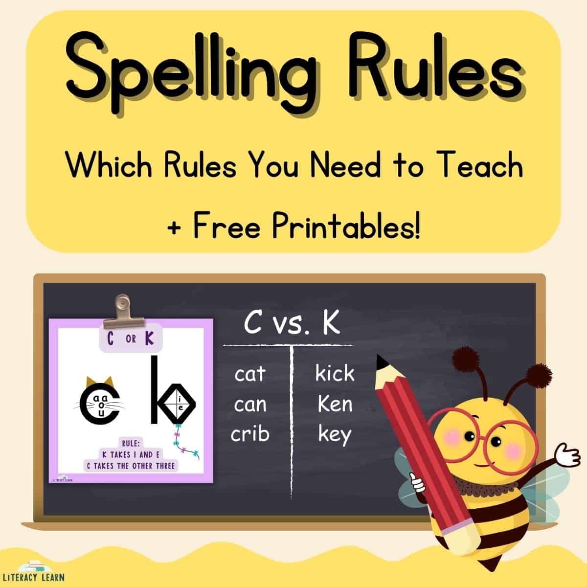 Yellow graphic with title "Spelling Rules"  with bumble bee graphic pointing to a chalkboard.