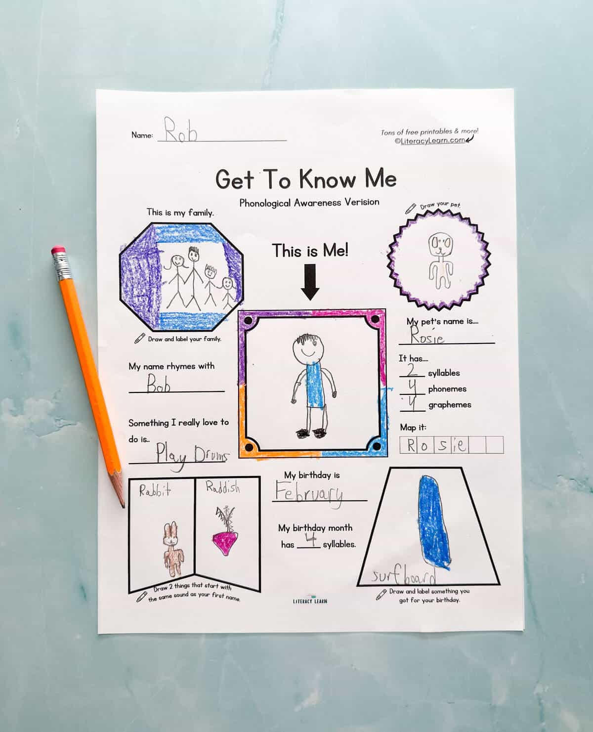 A child's completed Get to Know Me Phonological Awareness worksheet.