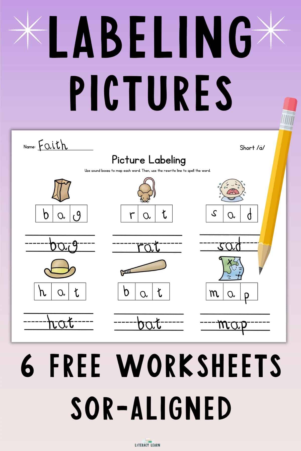 Purple background with title "Labeling Pictures" and sample complete worksheet with a pencil.