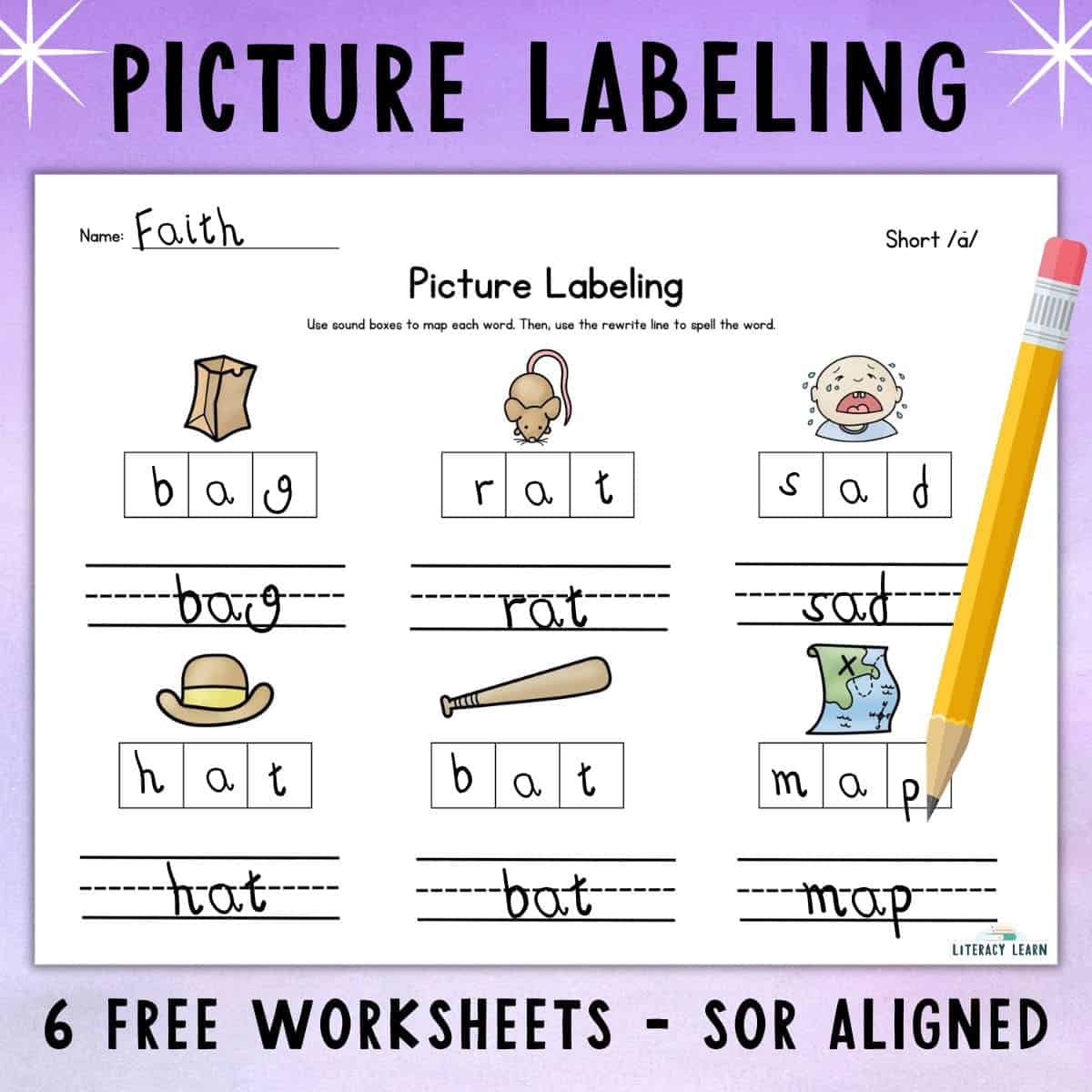 Image with title "Picture Labeling 6 Free Worksheets - SOR aligned" with sample worksheet and pencil.