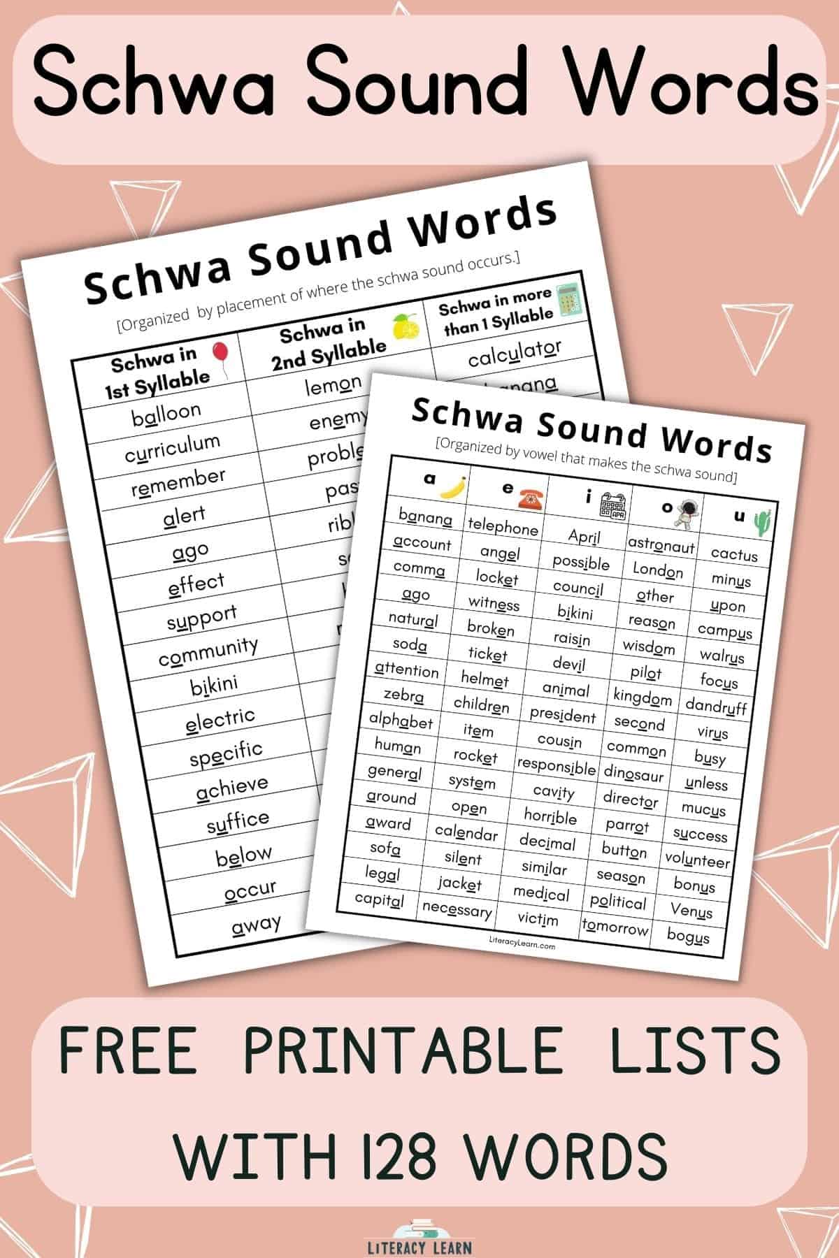 Image with title "Schwa Sound Words" with two printable schwa word lists on peach background.