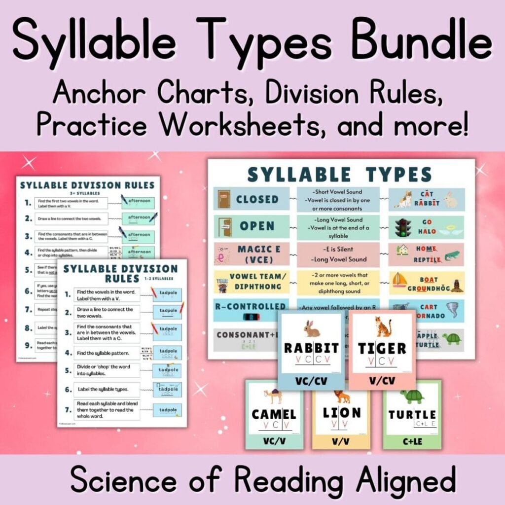 Colorful graphic for syllable types bundle of printable resources on TPT.