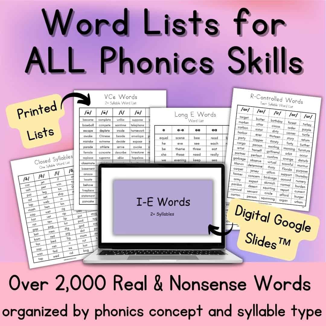 Purple graphic showing worksheets of phonics word lists and a computer with phonics Google slides.