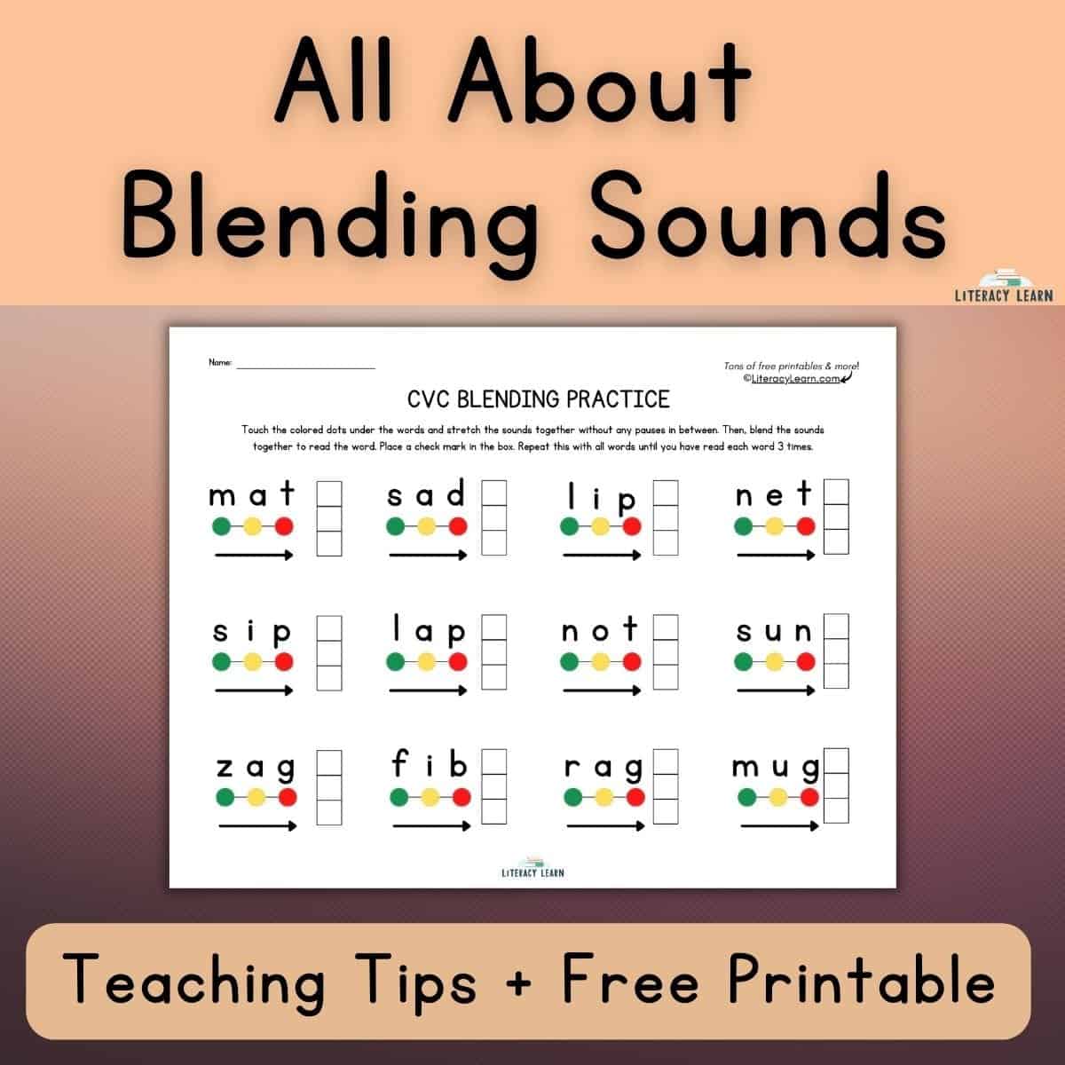 Orange graphic with title "All About Blending Sounds" with free printable worksheet displayed.