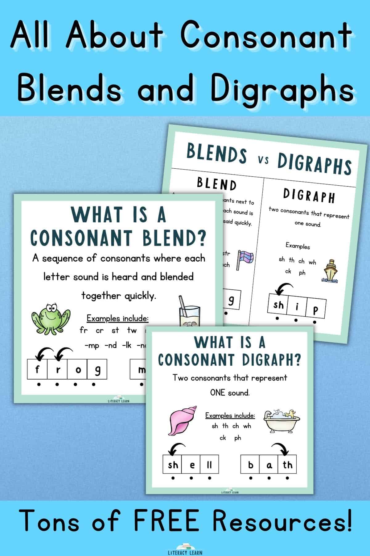 Graphic titled 'All About Blends and Digraphs' 3pictures of anchor charts on blue background.