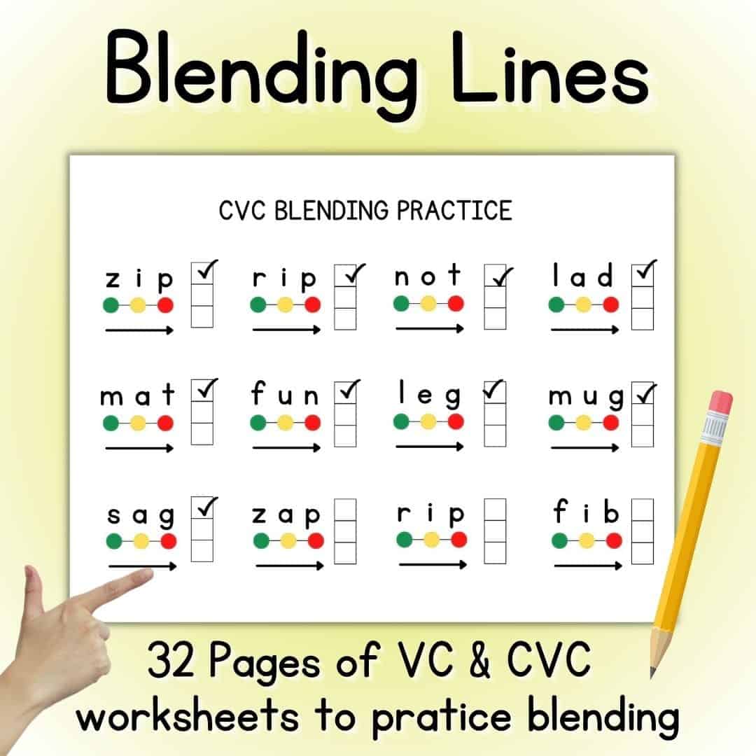 Yellow graphic titled "Blending Lines" with sample worksheet, pencil, and a hand pointing at blending words.