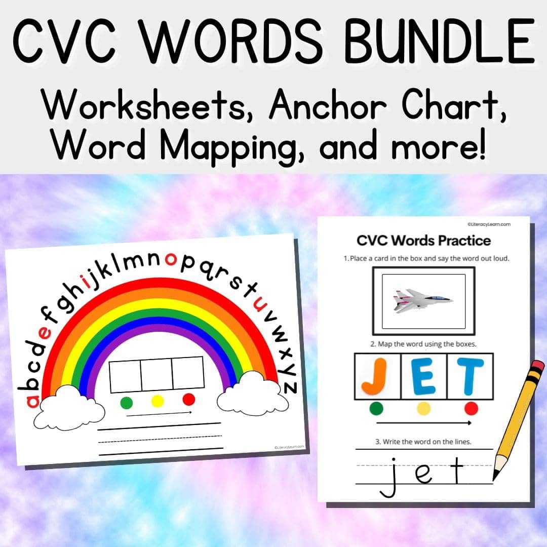 Tie-Dyed graphic displaying CVC resources with title "CVC words Bundle."