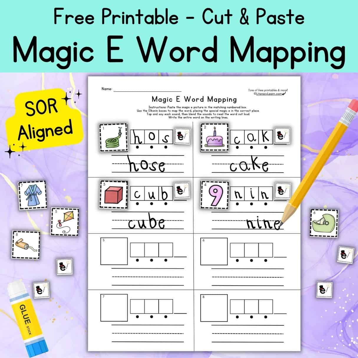 Colorful graphic with CVCe/Magic e Word Mapping worksheet, pencil, and glue stick. 