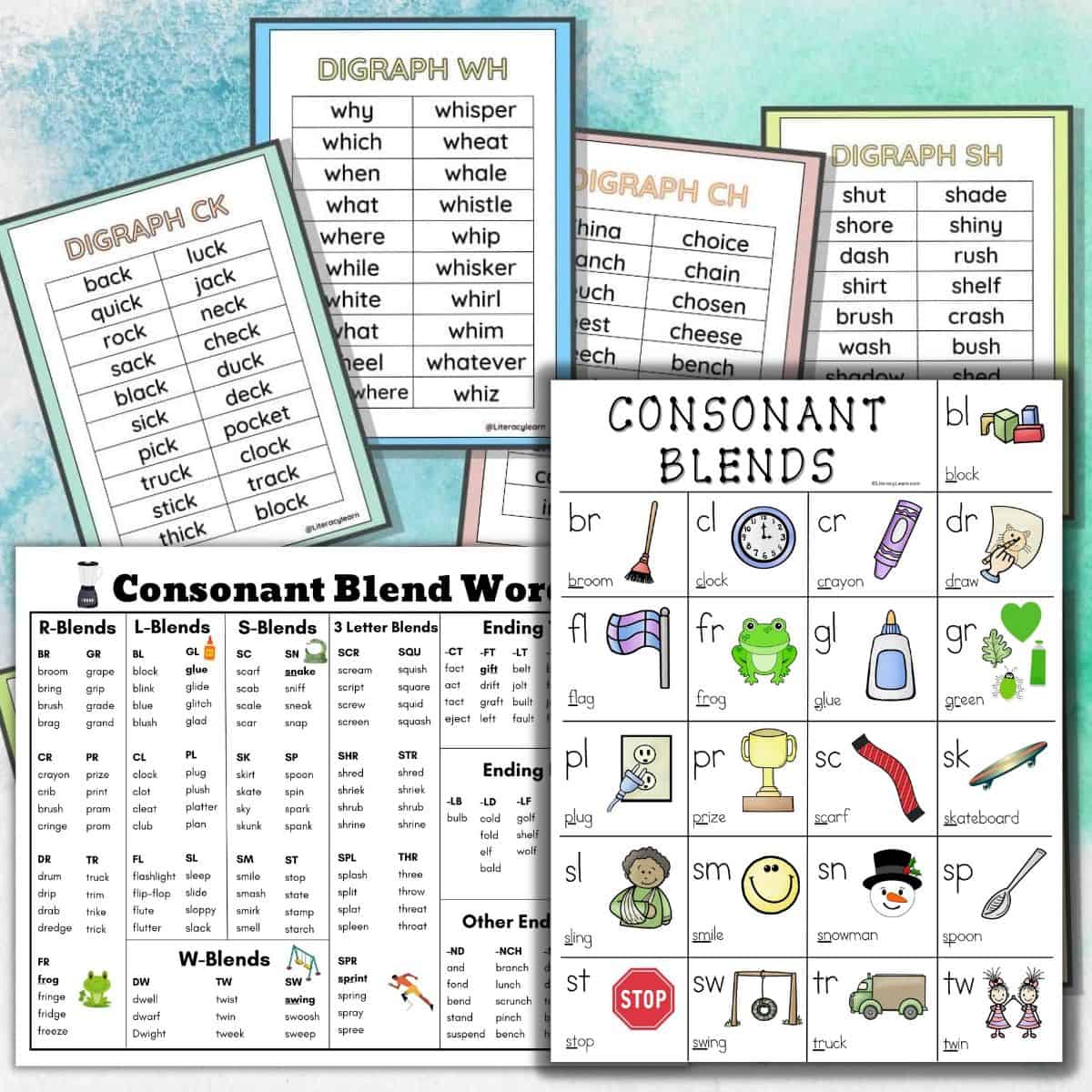 Bright visual showing digraph and blend word lists and consonant blend anchor chart. 