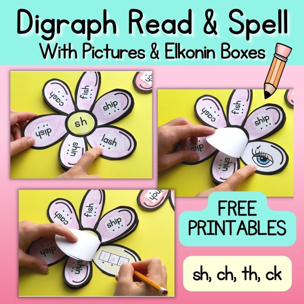 Digraph read and spell practice flower activities with pictures of children writing on them.