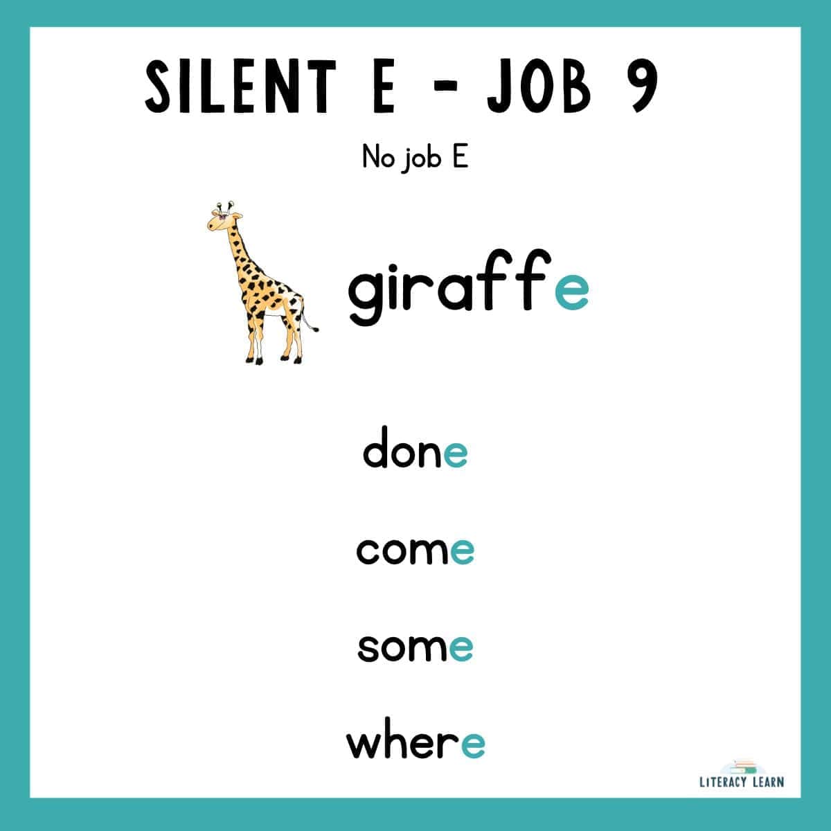 Turquoise graphic showing job 9 of the final silent E with words and examples.