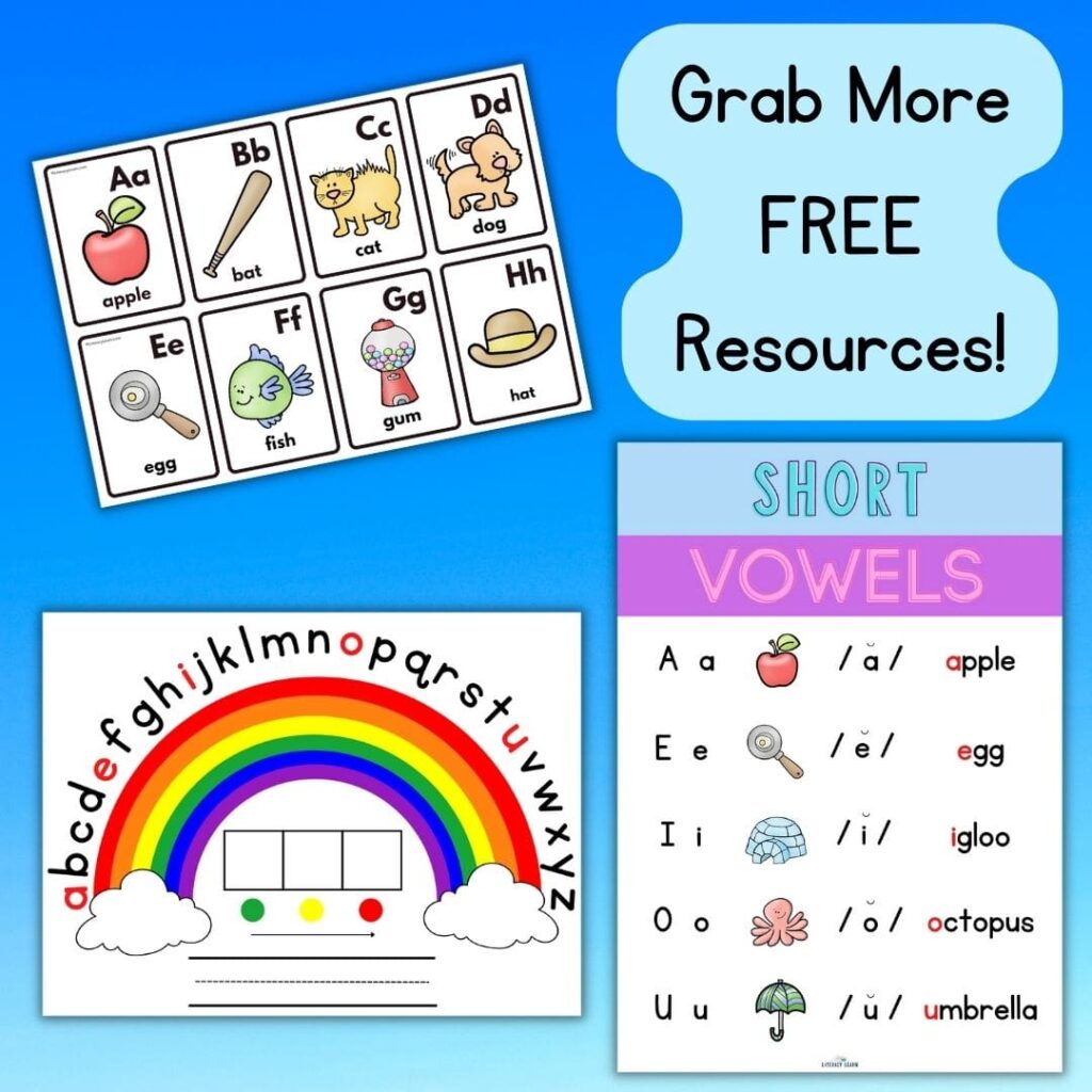 Blue background showing ABC resources, including short vowel poster and flashcards and alphabet arcs.