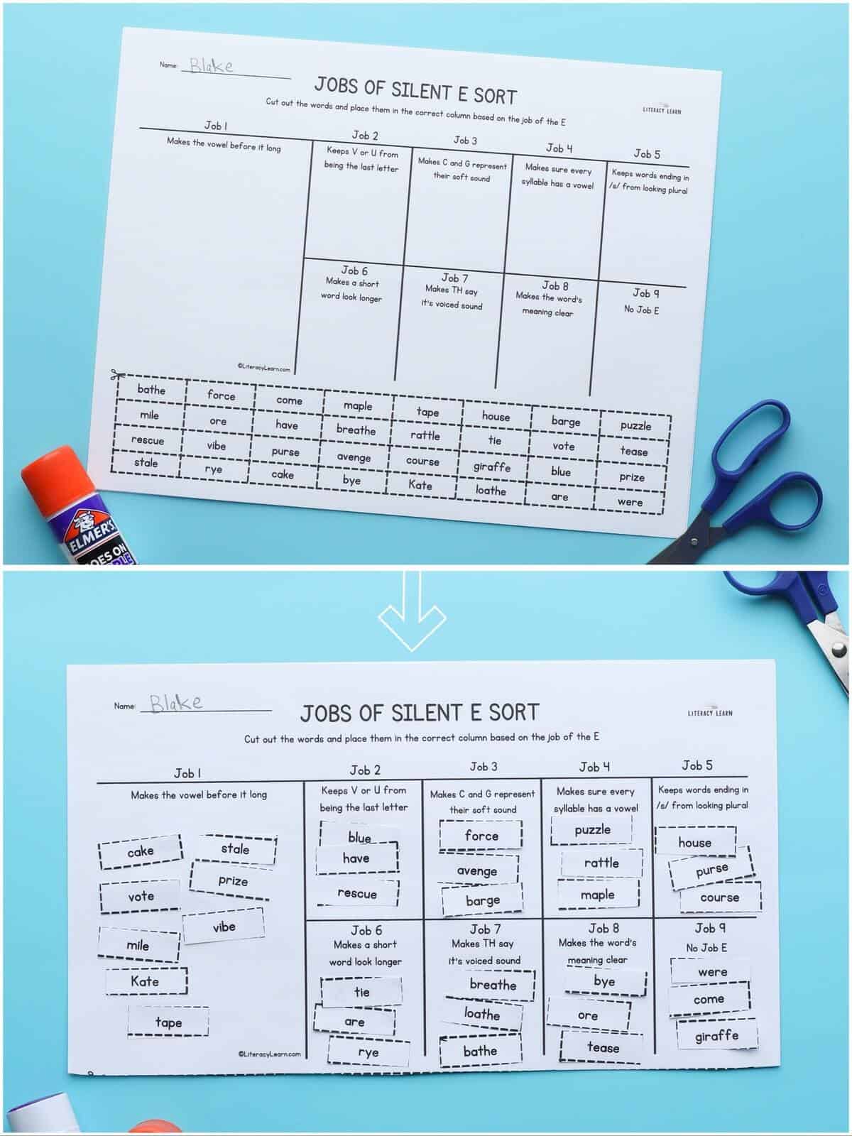 Collage showing the printed Jobs of E worksheet and the finished worksheet with a scissor and glue.