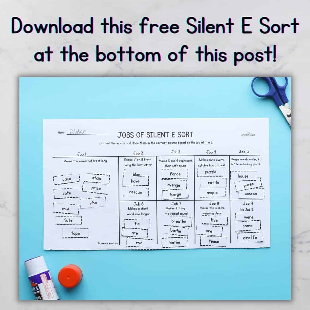 Photo showing jobs of the Silent E sort on blue and gray background with glue stick and scissors.