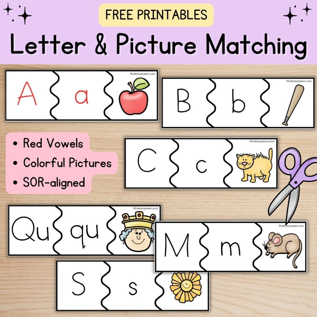 Colorful graphic with letter & picture matching practice pages.