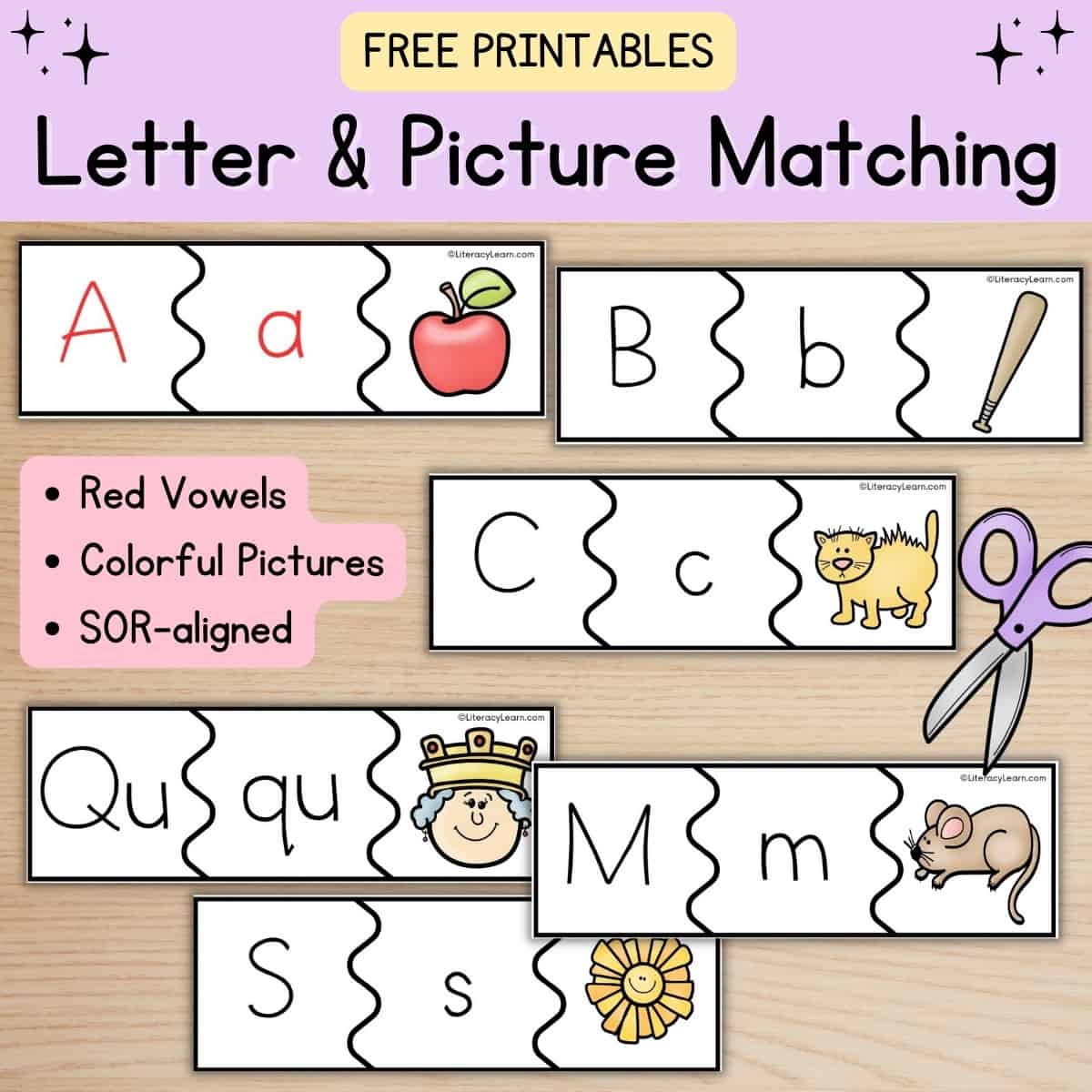 Colorful graphic with letter & picture matching practice pages. 