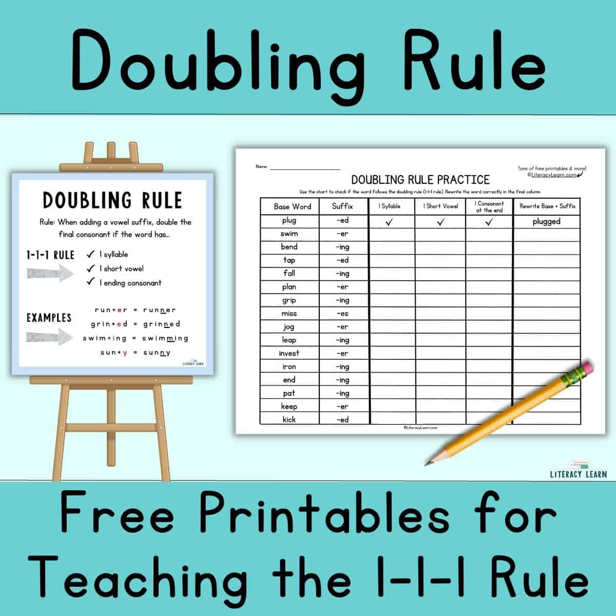 Blue graphic entitled "Doubling Rule" with pictures of two free printables, a easel, and a pencil.