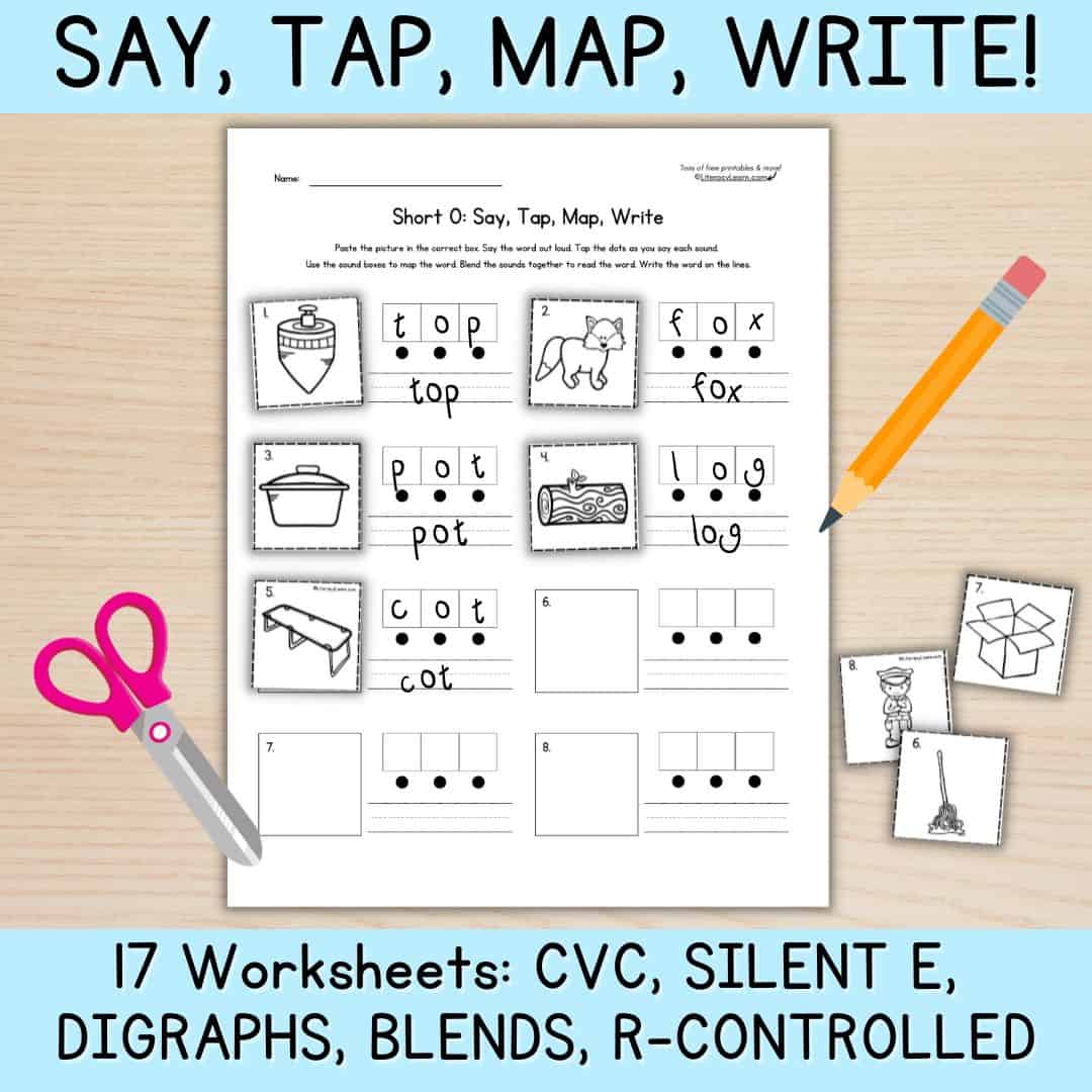 Colorful graphic showing more word mapping worksheets for other phonics skills.