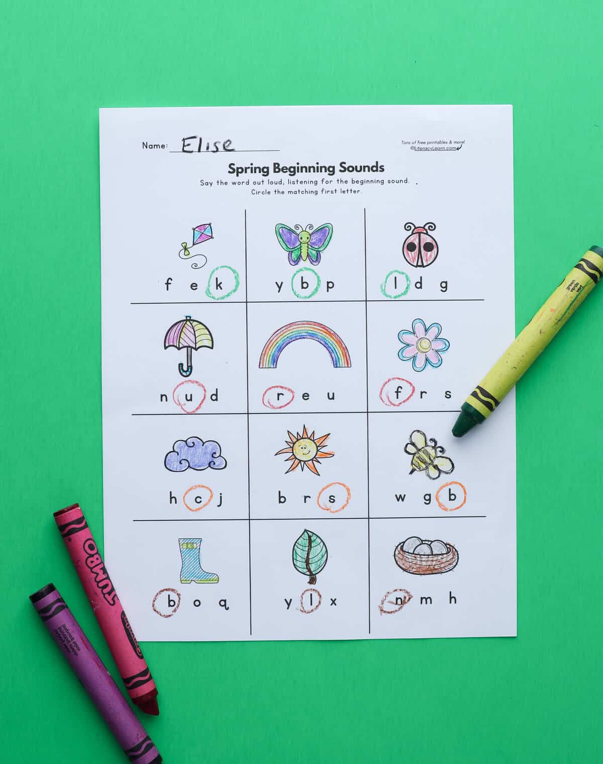 A printed spring-themed initial sounds worksheet on a green background.