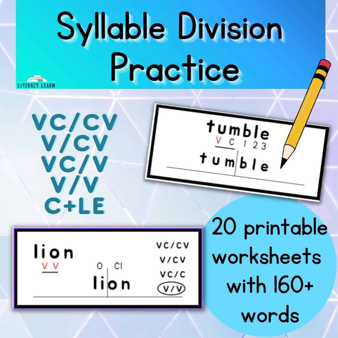 Blue graphic entitled "Syllable Division Practice" advertising 20 printable worksheets with 160+ words.