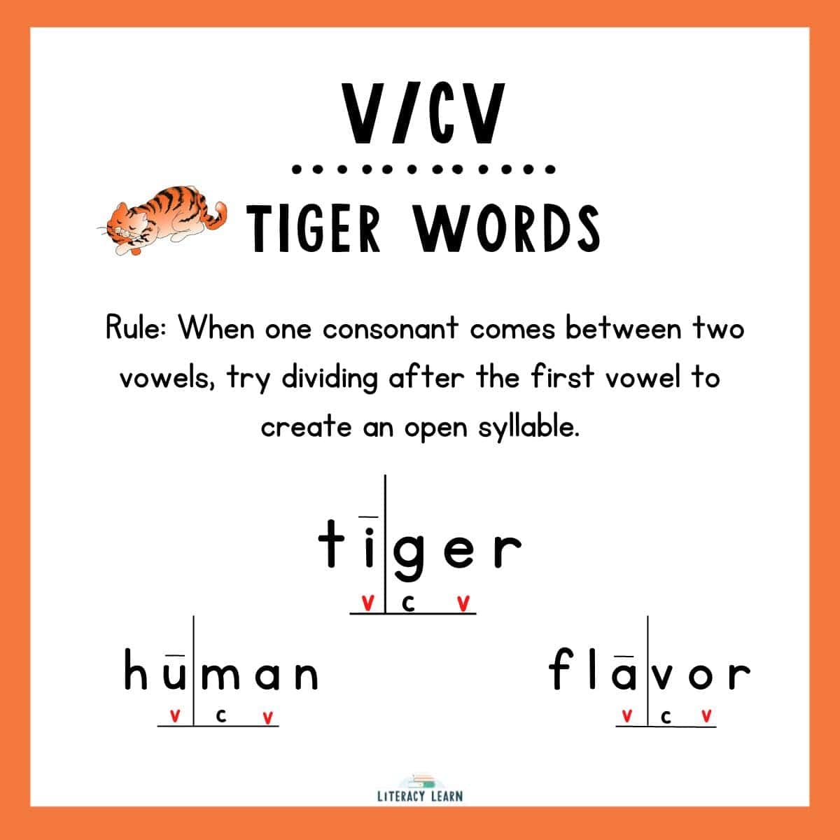 Orange graphic focused on VC/V Tiger Words with rule and example words divided into syllables.