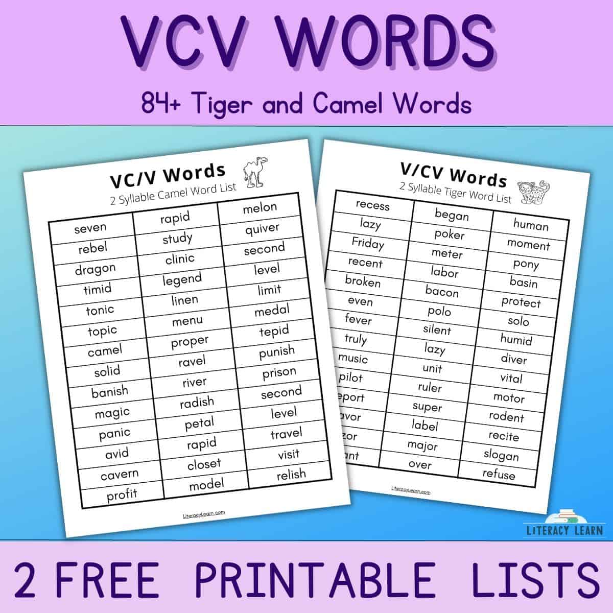 Two VCV word lists, organized by Tiger and Camel words, displayed on blue background.