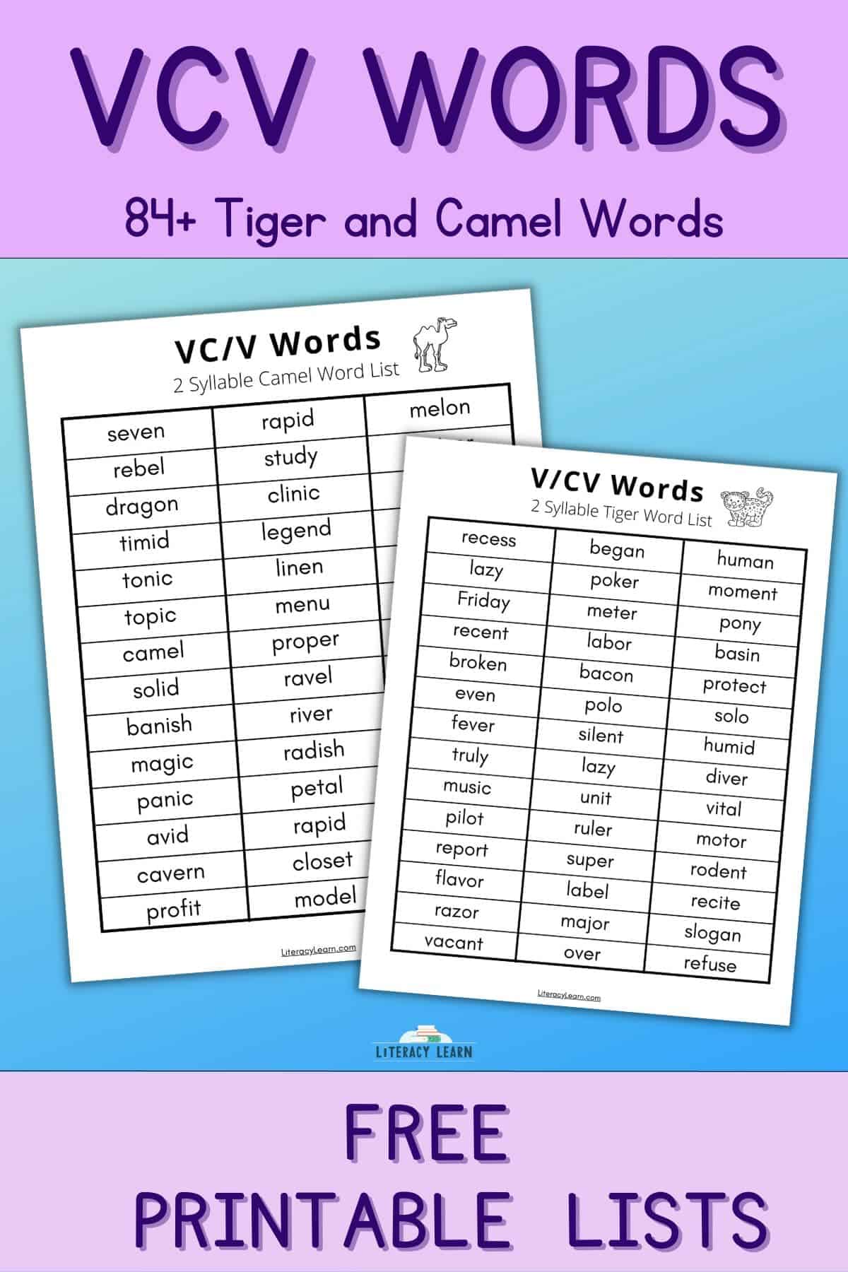 Two VCV word lists, organized by Tiger and Camel words, displayed on blue background.