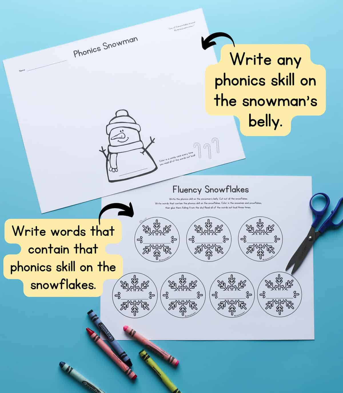 The two printed Phonics Snowman pages with brief instructions explaining how to use them.
