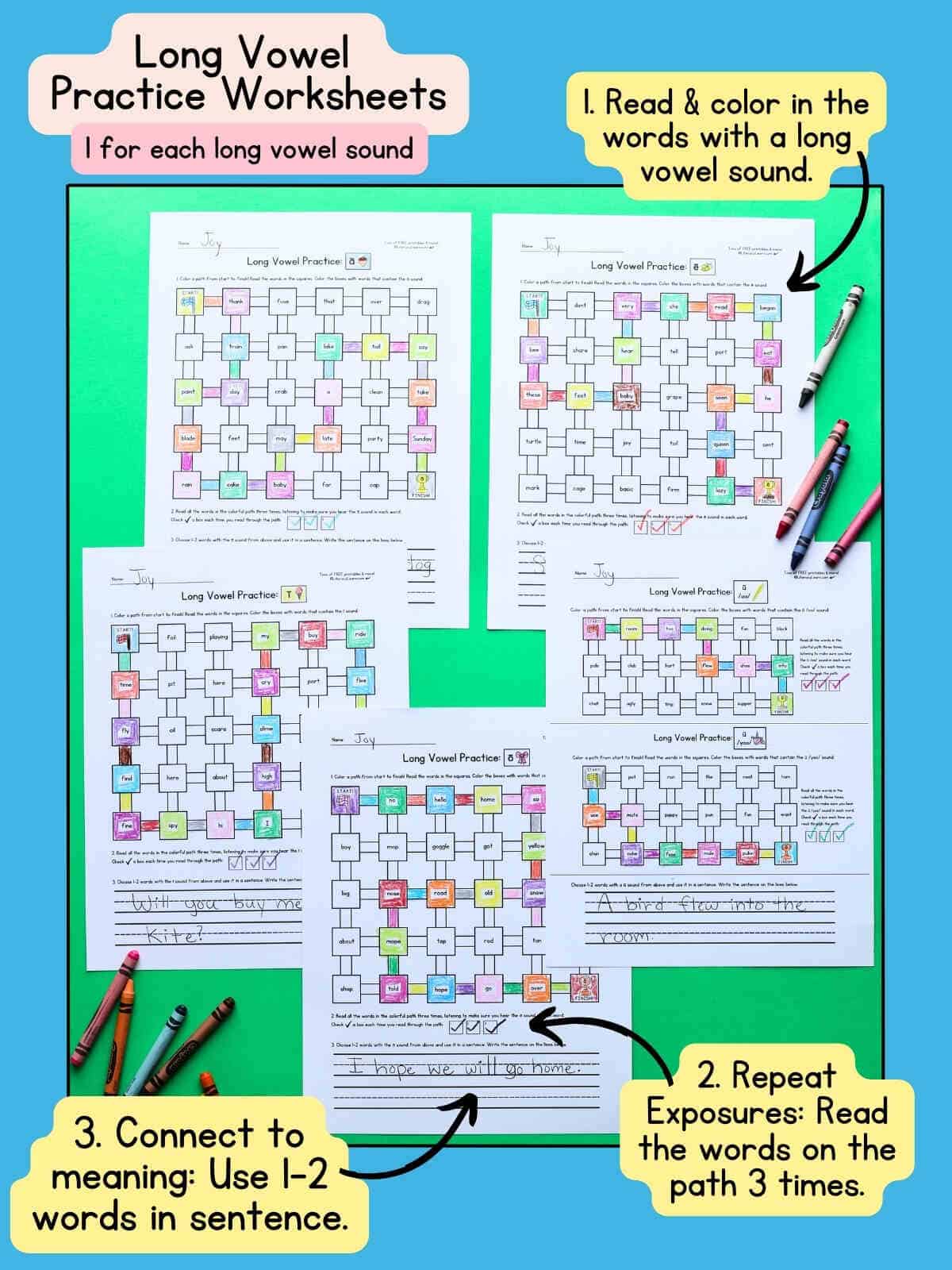 Graphic showing all 5 long vowel worksheets with the steps to use them.